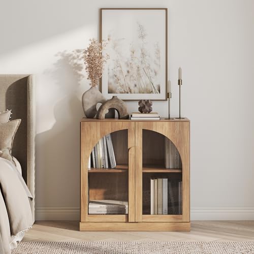 Image of BELLEZE Bijou 31.5 inch Modular Sideboard Cabinet - Expandable Design with Arched Glass Doors - Use Solo or Combine for Buffet, Living Room Media Center & Entryway - 70lbs Capacity, Camel
