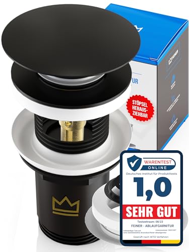 FEINER Universal Waschbecken Ablaufgarnitur - Mattschwarz - für Waschbecken & Waschtische aller Art MIT und OHNE Überlauf Stöpsel herausziehbar mit Haarfänger GRATIS Dichtungen & Einbauanleitung