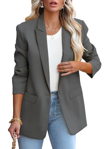 LCRRRN Womens Casual Loose Blazers Long Sleeve Pockets Work Office Jacket Blazer (M, Grey)