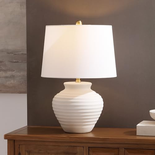 SAFAVIEH Lighting Collection – Ledger Rustic Farmhouse Bone Ceramic Table Lamp with White Drum Shade, 23-Inch Bedroom or Living Room Lamp, LED Bulb Included (TBL4352B)