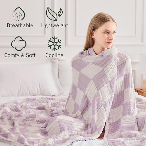 Image of EMME Cooling Muslin Twin XL Blanket - Checkered Lightweight Summer Cotton Blankets of Rayon Derived from Bamboo for Hot Sleepers, Soft Breathable All Season Gauze