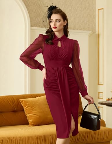 Belle Poque Womens Vintage Dress Mesh Long Sleeve Dress Ruched Dress for Work4