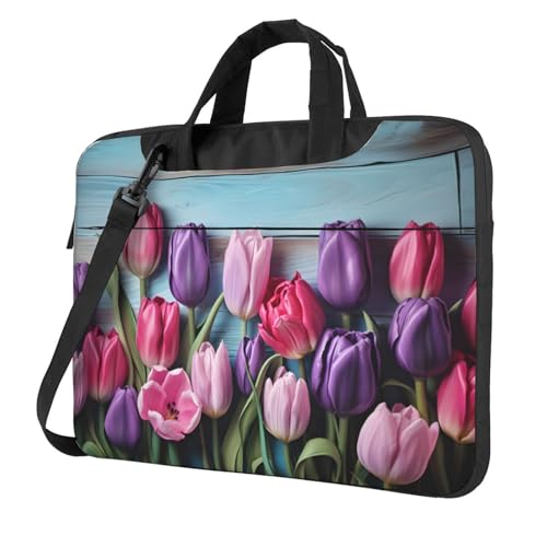 Entemne Maletín para portátil de 13 pulgadas, diseño de tulipanes rosa y morado, para mujeres y hombres, ligera, resistente al agua, para ordenador o tableta, multicolor, 14 inch