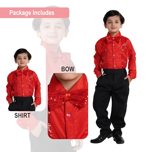 Image of Kaku Fancy Dresses Dance Costume Shinning Shirt With Bow Tie for Kids | Sequin Work School Annual Function & Theme Party's Shirt for Boys (ONLY SHIRT)
