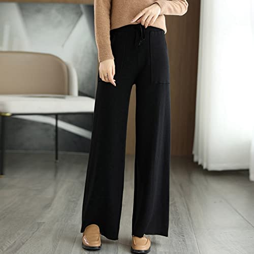 Pantalon mode automne mesdames pantalon large en tricot noir avec poches à lacets