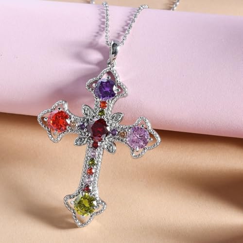 Shop LC Pink Cubic Zirconia Chain Cross Pendant Necklace Delicate Unique Stainless Steel 20 Inches Catholic Faith Christian Religious Birthday Jewelry Birthday Gifts for Women3