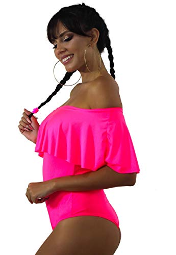 Maiô Body Neon Ombro a Ombro com Babado Rosa