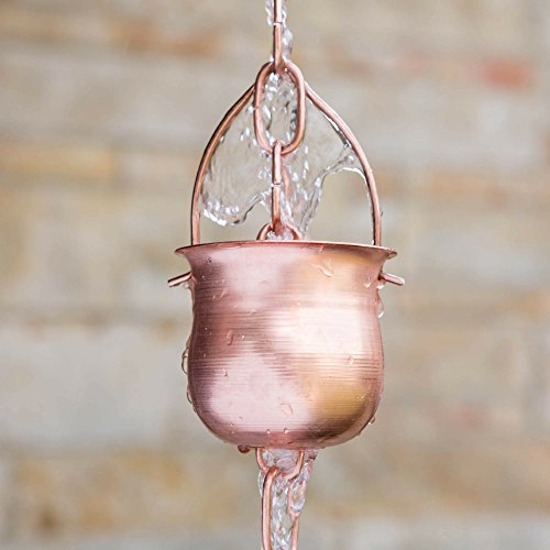 Marrgon Copper Rain Chain – Decorative Chimes & Cups Replace Gutter Downspout & Divert Water Away from Home for Stunning Fountain Display – 6.5’ Long for Universal Fit – Pot Style