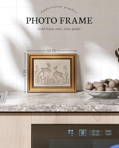 Image of VIYYIEA Vintage Gold Framed Wall Art for Living Room, Sika Deer Canvas Prints Home Decor, Sketch Painting Picture, Bedroom Wall Decor Gifts for Friends or Family -【Sika Deer】-(10L x 8W)