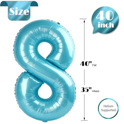 Image of Pearlescent Blue 8 Balloon, Number Balloons 40 Inch, 8th Birthday Decorations, Birthday Balloons, Pearlescent Blue Party Supplies, Number 8 Balloon