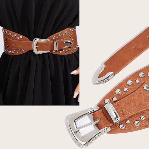 IZUS Women Country Belt Retro Cowgirl Waist Strap with Western Buckle 3.15in Wide Faux Leather Belts for Coat/Dress4
