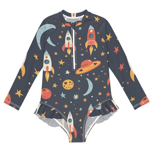 Girls One Piece Swimsuits Long Sleeve Swimsuit Zipper Bathing Suits Rocket Planet Star Childish Cartoon
