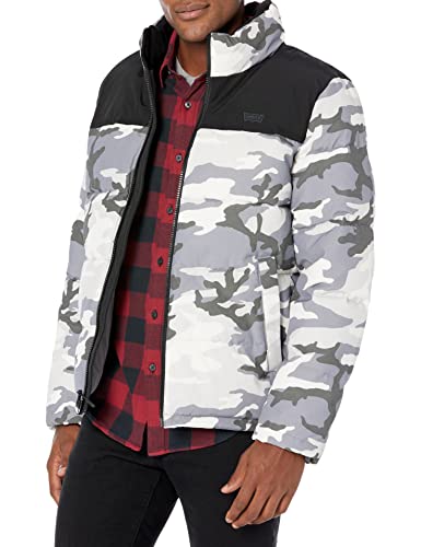 Image of Levi's Men's Arctic Cloth Retro Bubble Puffer Jacket Down Alternative Coat, White Camo Tonal Logo, XL