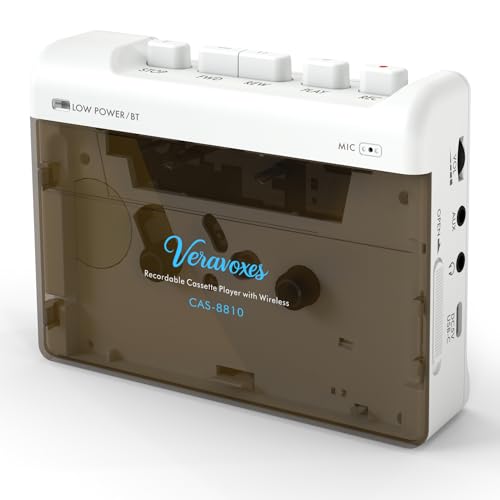 VERAVOXES Portable Bluetooth Cassette Tape Player, Cassette Player Recorder,Equipped with Headphone and AUX Ports, Support AUX Line in Record,Built-in Microphone, Powered by DC or AA Battery (White)