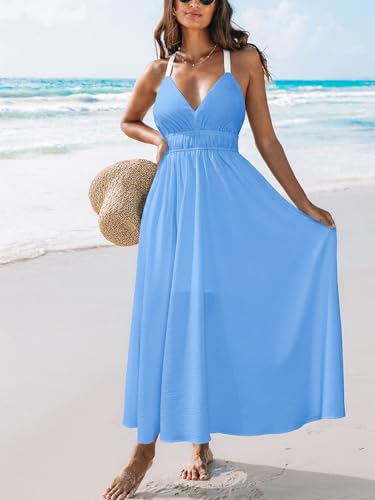 Image of CUPSHE Women 2026 Summer Beach Maxi Dress Plunge V Backless Cami Strape Smocked Waist Sun Dress Long Wedding Guest Dress