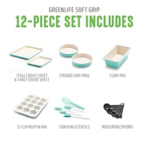 GreenLife Bakeware Healthy Ceramic Nonstick, 12 Piece Baking Set with Cookie Sheets Muffin Cake and Loaf Pans including utensils, PFAS-Free, Turquoise GreenLife Bakeware Healthy Ceramic Nonstick 12 Piece Baking Set with Cookie Sheets Muffin Cake and Loaf Pans including utensils PFAS Free Turquoise