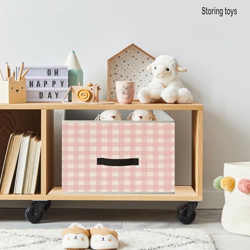 Image of Pink Checkered Christian Storage Bins, Coquette Pink Bow Bible Verse Preppy Collapsible Fabric Storage Basket Organizer for Clothes Toys Books Girls Bedroom Dorm