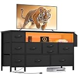YITAHOME Dresser TV Stand with Power Outlet for 55'' TV, 9-Drawer Dresser for Bedroom, Media TV Console Table with Side Pockets & Hooks, Chest of Drawers for Bedroom, Living Room, Black