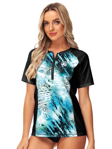 Image of AOBUTE Women Zip Rash Guard UPF 50+ Gradient Short Sleeve Swim Top Surf Shirts