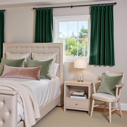 Image of Blackout Emerald Green Velvet Curtains 52x63 Inch 2 Panels | Soft Velvet, For Small Windows, Kitchens & Bathrooms, Light Shifting Texture, Elegant Drape, Classic