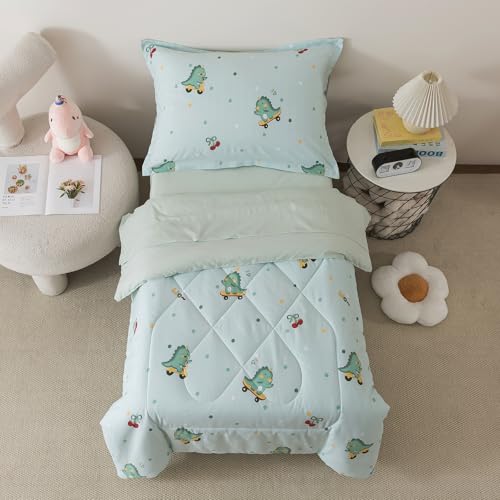 Image of Caressma 5 Pieces Twin Size Comforter Set Bed-in-a-Bag For baby & Kids,Soft Comforter Print Lovely Green Dinosaurs.Includes Comforter,Fitted Sheet,Flat Sheet,Pillow Case & Pillow Shame For All Seasons