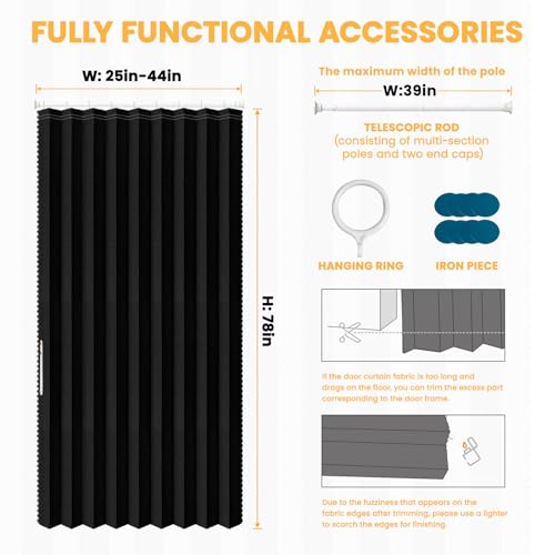 Image of AJAZZ 100% Blackout Sliding Door Curtains for Doorways, Accordion Doors Magnetic Door Curtain for Bedroom Living Room Doorway Curtain Sets (1 Pack, 44 W x 78 L,Black+Rod)