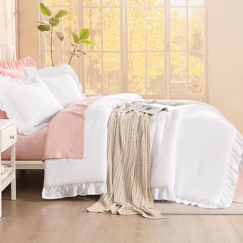 Image of Litanika White Twin Size Comforter Sets, 3 Pieces Ruffle Farmhouse Aesthetic Bedding Comforter Sets, All Season Soft Lightweight Fluffy Microfiber Bed Set(66x90In Comforter, 1 Pillowcase)