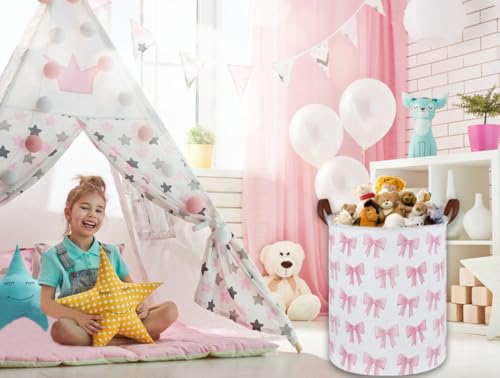 Image of Kids Laundry Hamper,Pink Laundry Basket Collapsible Girls Storage Baskets for Home Decor,Office,Toy Organizer,(Pink Bowknot)