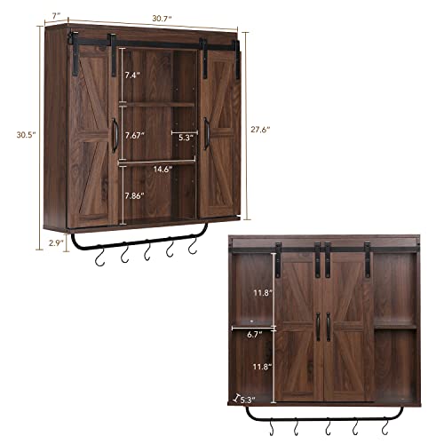 Rustown Rustic Wood Wall Storage Cabinet With Two Sliding Barn Door, 3-Tier Decorative Farmhouse Vintage Cabinet For Kitchen Dining, Bathroom, Living Room, Dark Walnut #TOP3