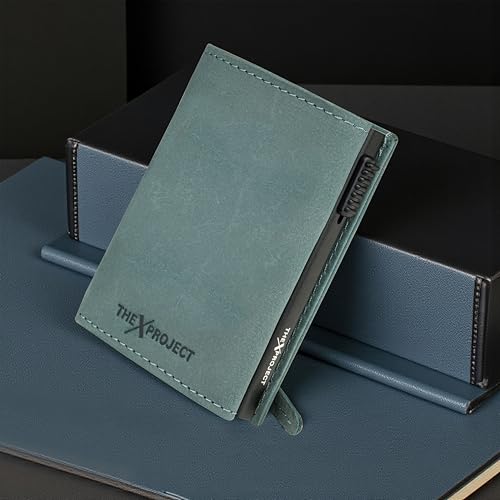 Image of The X Project Vaulton Trifold Wallet | Premium Genuine Leather | Aluminium Cardholder | Side Slide Pop-Up Card Ejector | Carry Up to 6 Cards and 1 Slot for Carrying Cash & Folded Bills (Blue)