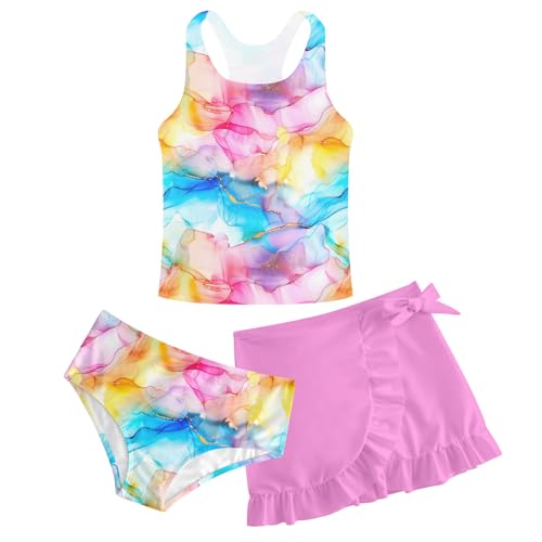 Image of Girls Swimsuits 3 Piece Tankini Bathing Suit Set Cute Bikini Swimwear with Cover Ups Beach Skirt 5-16 Years