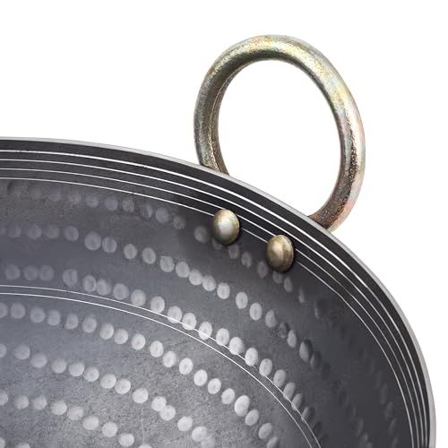 Image of VISMAY'S 3 Litre 11 inch Food Grade Iron Kadai India's 1st Smooth Edge Kadhai Strong Riveted Handle Traditional Frying Pan Wok Hammered Heavy Base Metal Spoon Friendly Works on Gas and Induction