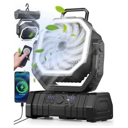 Richday Camping Ventilator 20000mAh Leise Ventilator 4 Geschwindigkeiten 270°Drehung Tischventilator USB Ventilator LED Licht Outdoor Camping Ventilator für Büros Schlafzimmer Zelt Camping Reisen