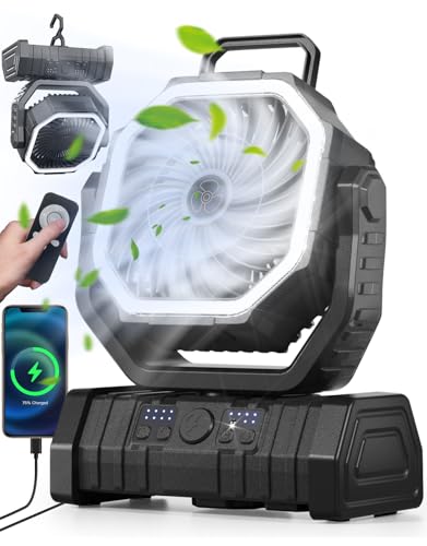 Richday Ventilador Camping 20000mAh, Ventilador Portatil Recargable, Ventilador USB de mesa con batería,Control Remoto, 270° de rotación,Luz LED, para Oficinas Dormitorio Tienda Camping Viaje