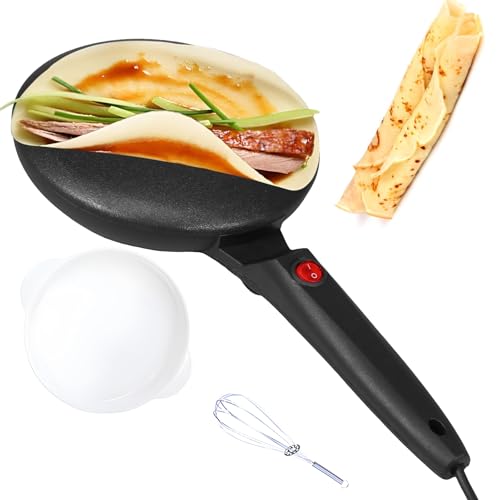 Crepera Eléctrica, Sartén Antiadherente de 900 W, 1 Recipiente para Masa y Batidora, Antiadherente y Fácil de Limpiar, Diseño de Superficie Curva Esférica, Interruptor de Un Toque