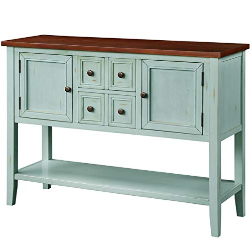Knocbel Vintage Wood Console Table Buffet Sideboard With 4 Storage Drawers, 2 Cabinets & Bottom Shelf, Entryway Hallway Foyer Table Cupboard Coffee Bar Cabinet, 46" L X 15" W X 34" H (Antique Blue) #TOP2