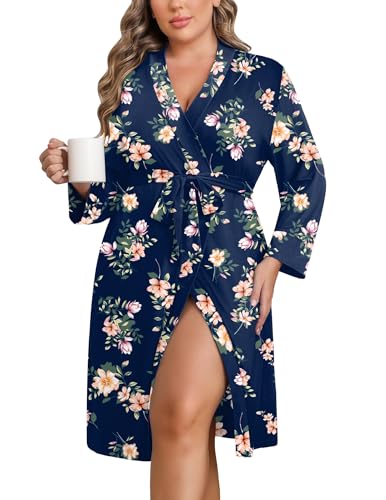 Image of Ekouaer Women Plus Size Robe Knee Length Lightweight Bathrobe Short Kimono Robes with Pockets Maternity Robe 1X-5X