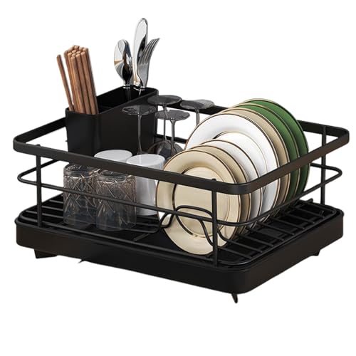 Space-Saving Dish Drying Rack with Cutlery Holder - Stable Auto-Drain Design for Kitchen Counter - Easy to Install Black Dish Rack for Efficient Dish nization