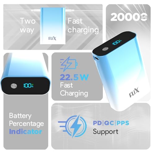 Image of FLiX UltraCharge Duotone 20,000mAh 22.5W QC Pocket Power Delivery PPS Power Bank, Type C Input & Output, LED Percentage Display, Compatible iPhone, Samsung, Google (White + Blue)