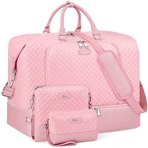 Image of Travel Weekender Bag for Women Overnight Bag with Shoe Compartment Oversized Travel Duffel Bag Carry On Tote with Trolley Sleeve 21 inch for Weekend Travel Business Trip, K-Pink Diamond 3pcs, Large
