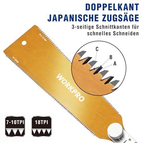 WORKPRO 250mm Japansäge mit 0,6mm SK5 Klinge und Holzgriff, Doppelte Kante japanische Handsäge 18TPI/7-10TPI, Profi Feinsäge Zugsäge für Holzbearbeitung Heimwerker Zimmermann