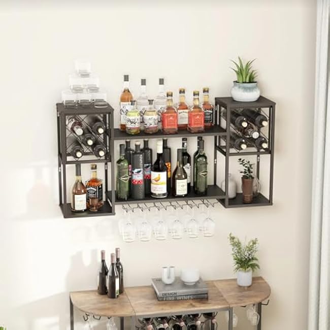 Wall Mounted Wine Rack with Glass Holder,Metal Floating Bar Liquor Shelves 2 Tier,Wine Glass Rack Multi Functional Wine Storage Display Rack for Home Bar Dining Room Kitchen