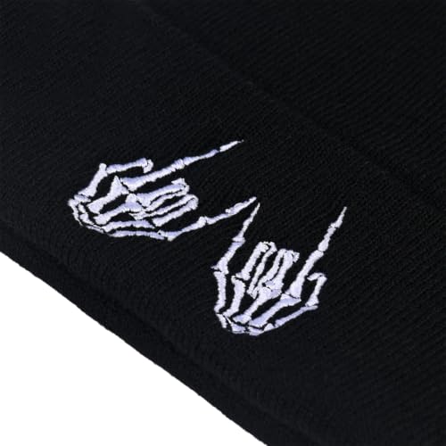 Image of Embroidered Skeleton Beanie Hat Winter Stretch Knit Skull Cap for Men Women