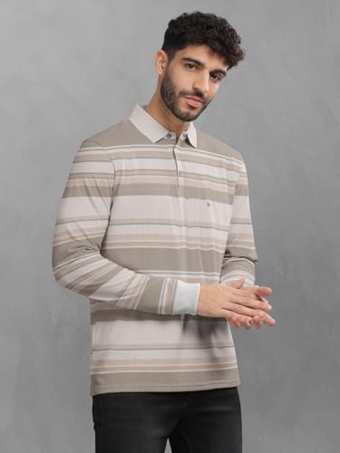 Image of BULLMER Striped Textured Printed Polo Neck Fullsleeve T-Shirt with Rib for Men