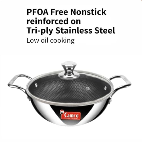 Image of Camro Kadai with Glass Lid 6.7 Litre 32 Cm| Honeycomb Triply Kadhai for Cooking | Curry Stir-Fry Deep Fry Dry Veg | Cookware kadai with Steel Handle |Non Stick kadhai for Frying |Induction Base & Gas