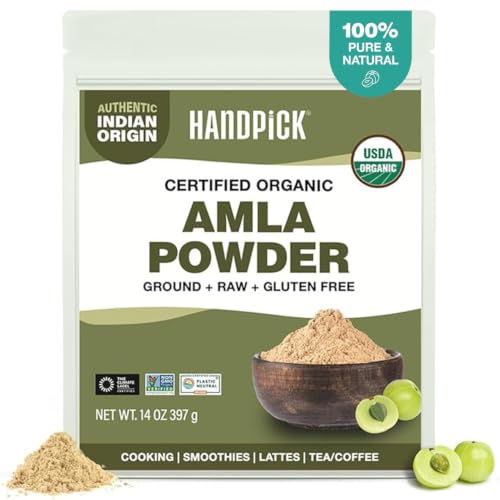 HANDPICK Organic Amla Powder (14oz) Amalaki USDA Organic Non-GMO | 100% Raw and Natural - Lab Tested for Purity | Indian Gooseberry Powder | Resealable Zip Lock Pouch (Packaging may vary)