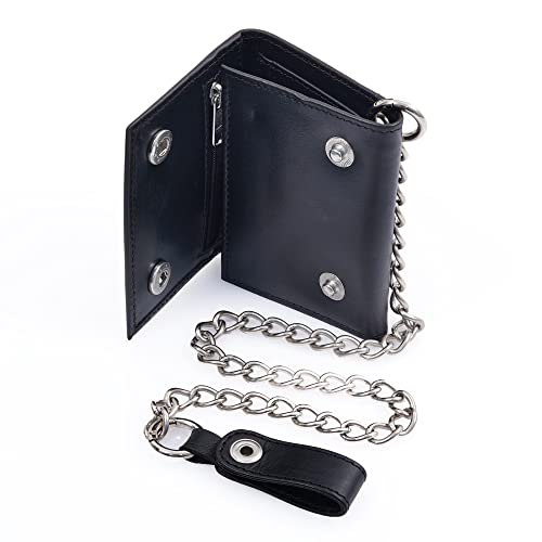 RAW HYD Leather Trifold Wallet - Vintage Key Chain Wallet - Rugged Genuine Leather Wallet w/ Steel Chain - Durable Men's Wallets w/ Snap Closure, Multiple Card Slots, ID Slot & Zipper Pocket (Black)