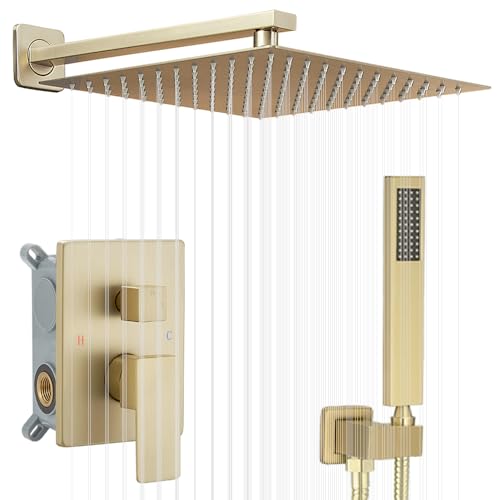 Image of Shower Faucet Set 16 Inch Wall Mount Rain Shower System, All Metal Shower Fixtures - Brushed Gold