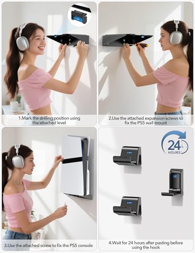 image for Kosker PS5/Slim/Pro Wall Mount with Headset & Controller Holder, Premi