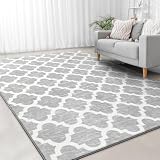 Jelymark Shag Moroccan Area Rug for Living Room, 5x8 Feet Modern Geometric Indoor Rug, Fluffy Faux Wool Floor Carpet, Memory Foam Rug for Bedroom Nursery Kids Room Home Decor, Light Grey/White